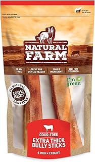 Natural Farm Odor-Free Jumbo Bully Sticks, (6 Inch, 2 Pack), Extra-Thick Chews for Dogs, Fully Digestible 100% Beef Treats, Great for Dental Health, Keep Your Dog Busy with 50% Longer Lasting Chews