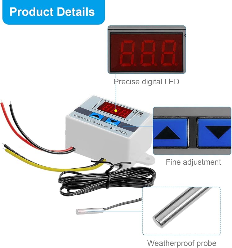 RUIZHI XH-W3001 Digitális Hőmérséklet Szabályozó 12V 120W LCD Kijelzővel Vízálló Szondával Termosztát Kapcsoló