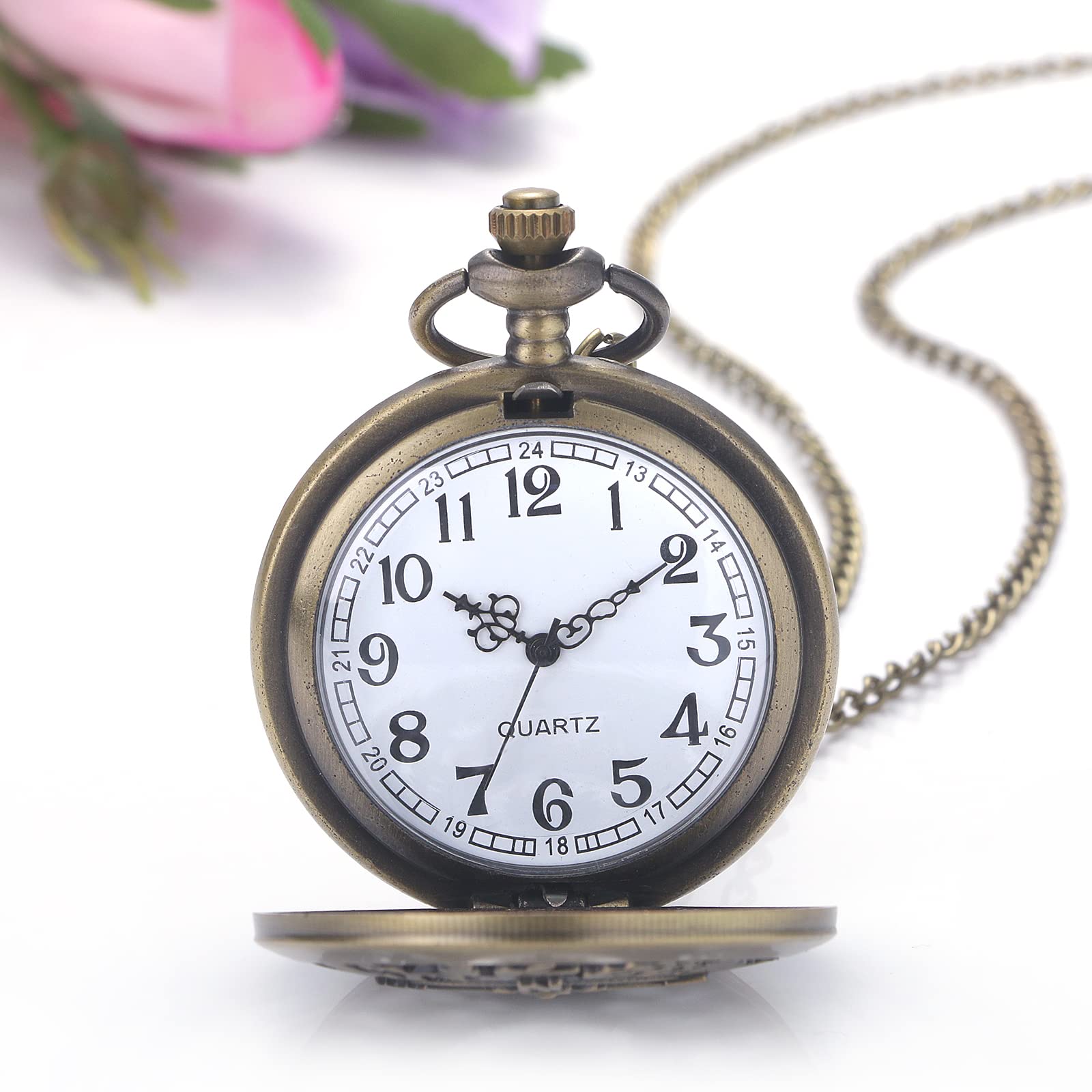 JewelryWe Montre de Poche, Montre de Poche Bronze Antique avec Boîte de Modèle Tridimensionnel Sculpté Creux Simple et de Mode Chiffres Arabiques Échelle Cadran