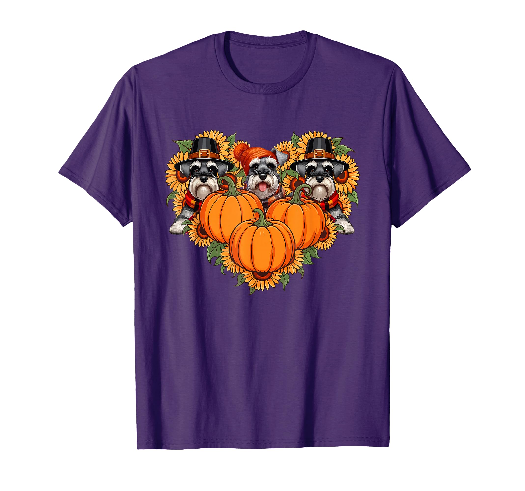 Three Cute Schnauzers Thanksgiving Pilgrim Fall Sunflowers T-Shirt