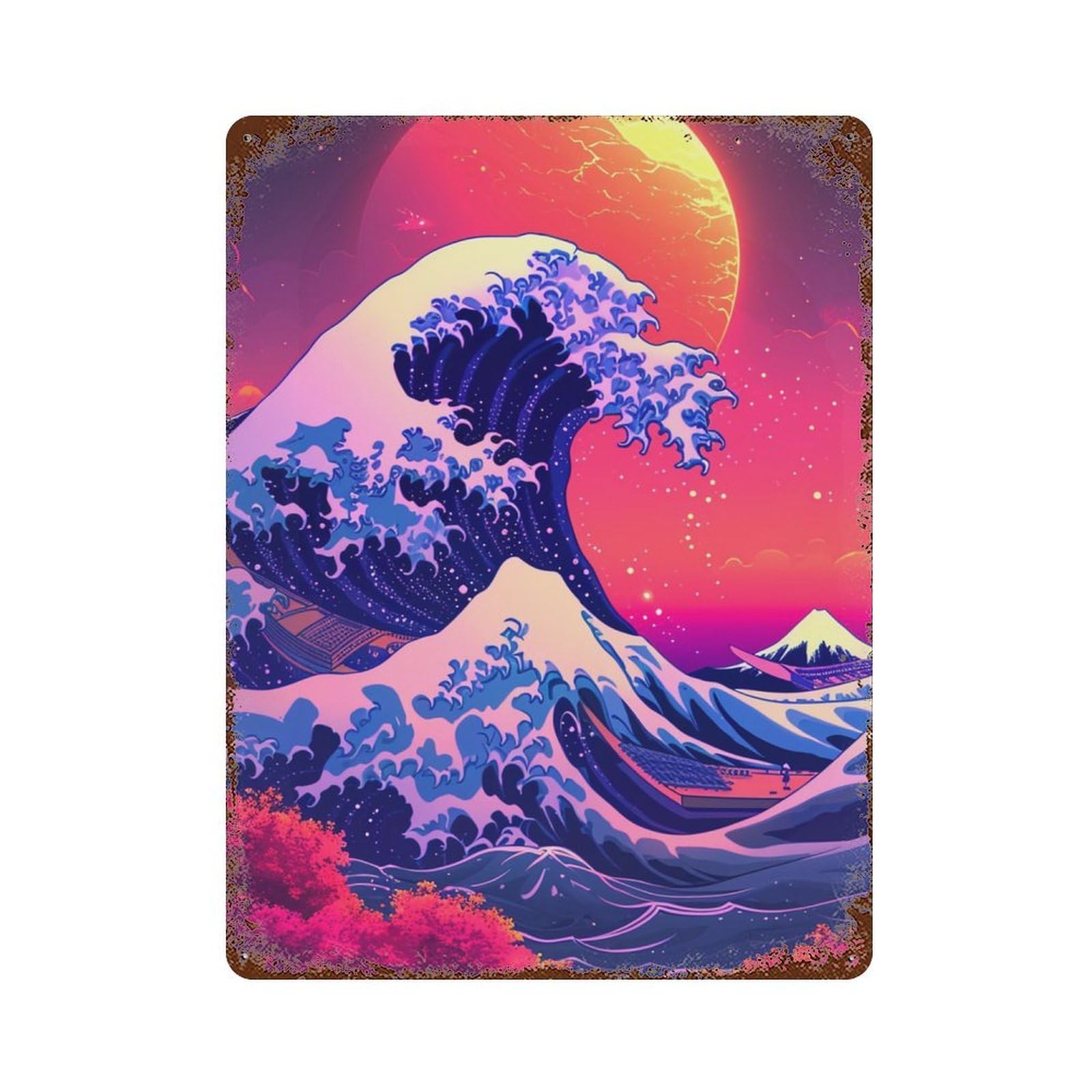 Vibrant Wave Sunset Art Print Distressed Metal Wall Sign 15.7"x11.8", Rustic Home Decor for Living Room, Hallway And Home Decor
