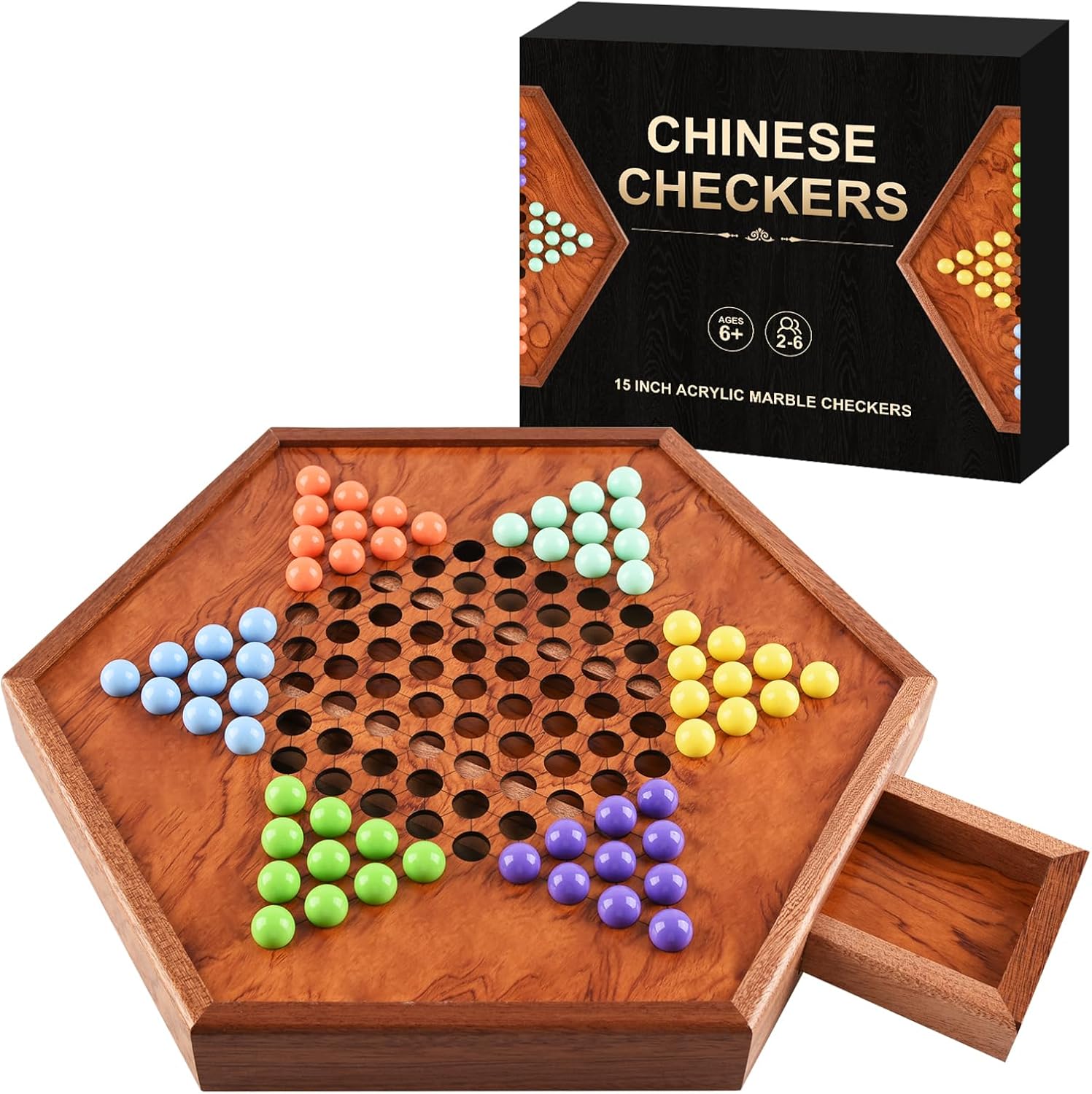 Large Chinese Checkers Upgraded Version Wooden Game Board, 16mm 60+12 Colorful Acrylic Marbles, Easy Grasping for Adults and Kids, with Storage Drawer, Fun for Family Gathering (15in.)