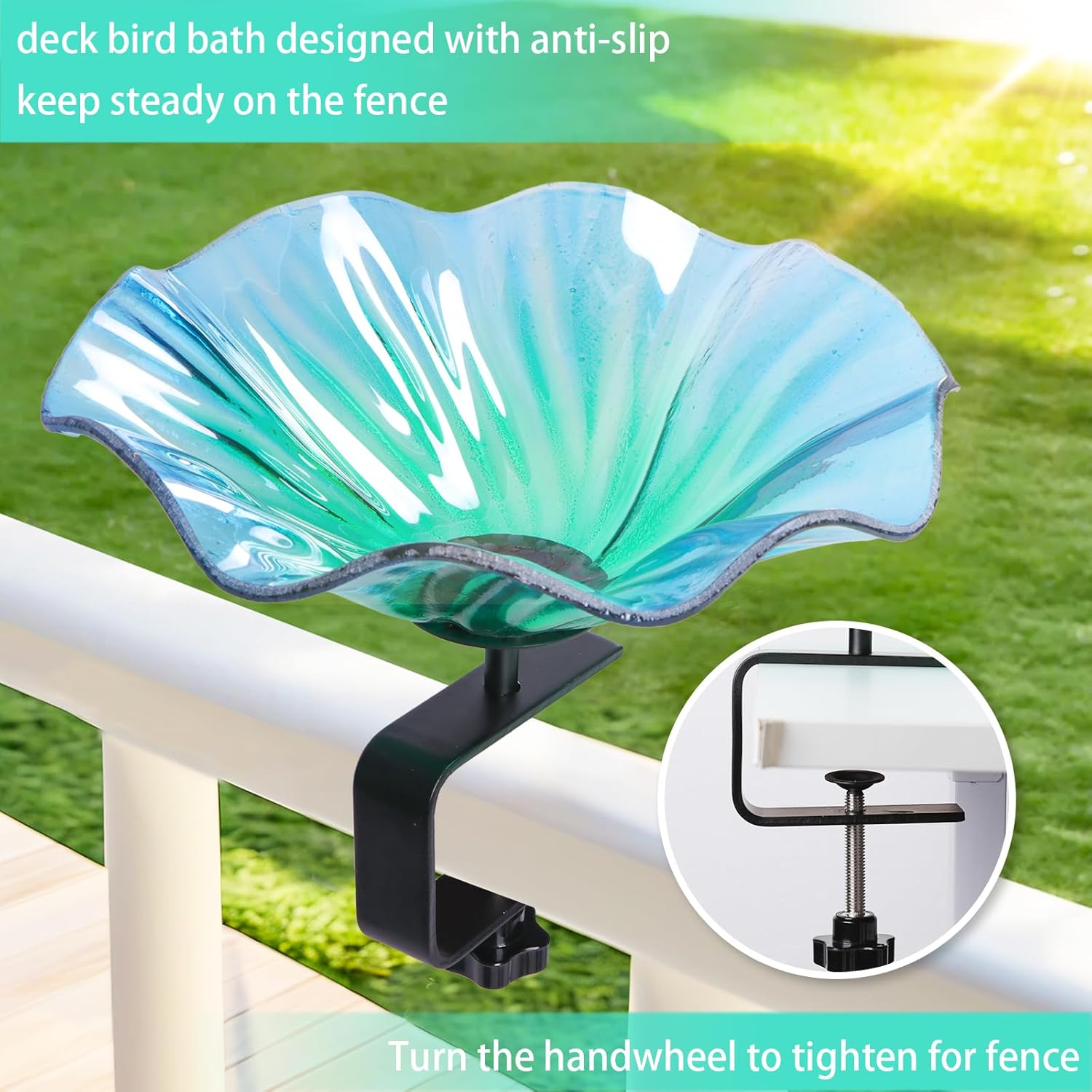 MUMTOP Deck Mounted Bird Baths for Outdoors, Glass Bird Baths Bowl with Adjustable Sturdy Steel Fence Clamp for Garden Patio Lawn Yard Deck Balcony Railing, Blue