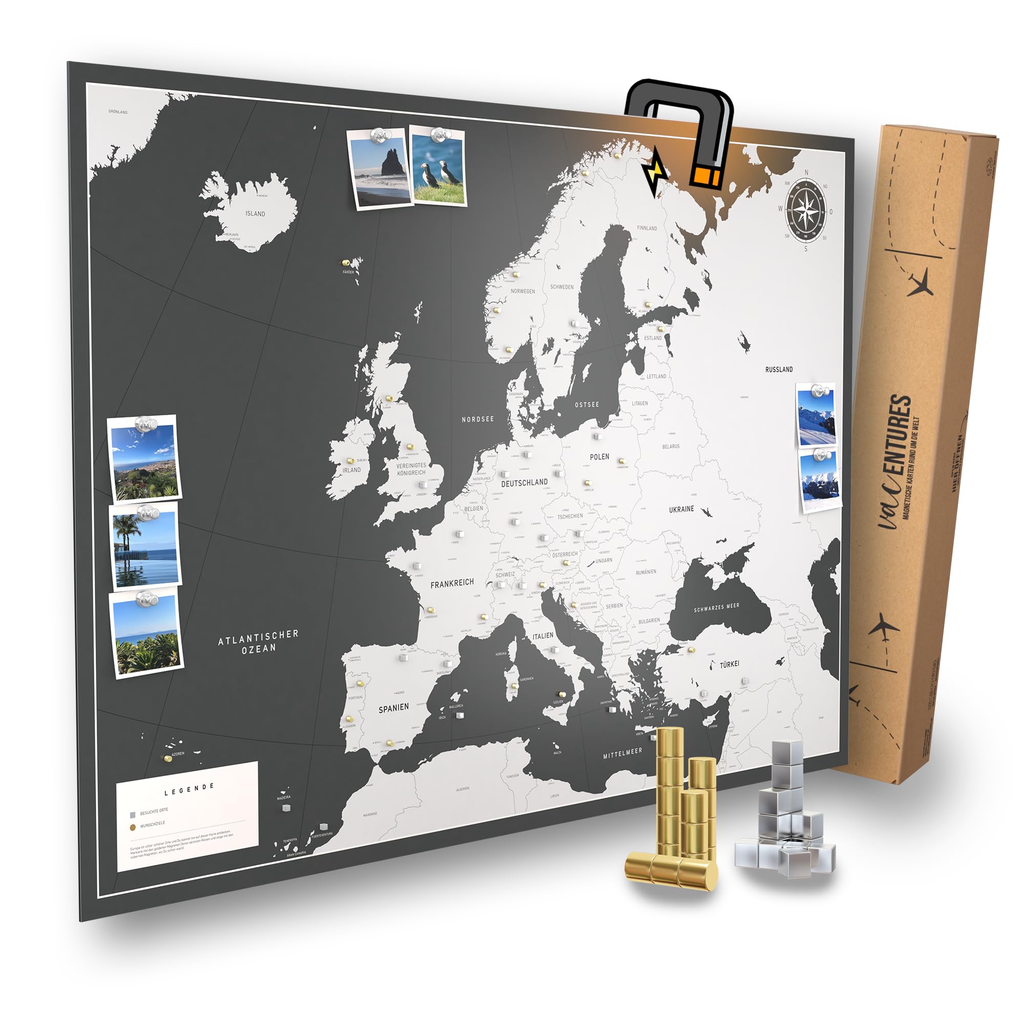 Magnetische Pinnwand Europakarte inkl. 2 x 15 magnetische Pins I Markiere Deine Reiseziele I Sammel Fotos und Magnete I Magnet Poster (XL (84x59cm))