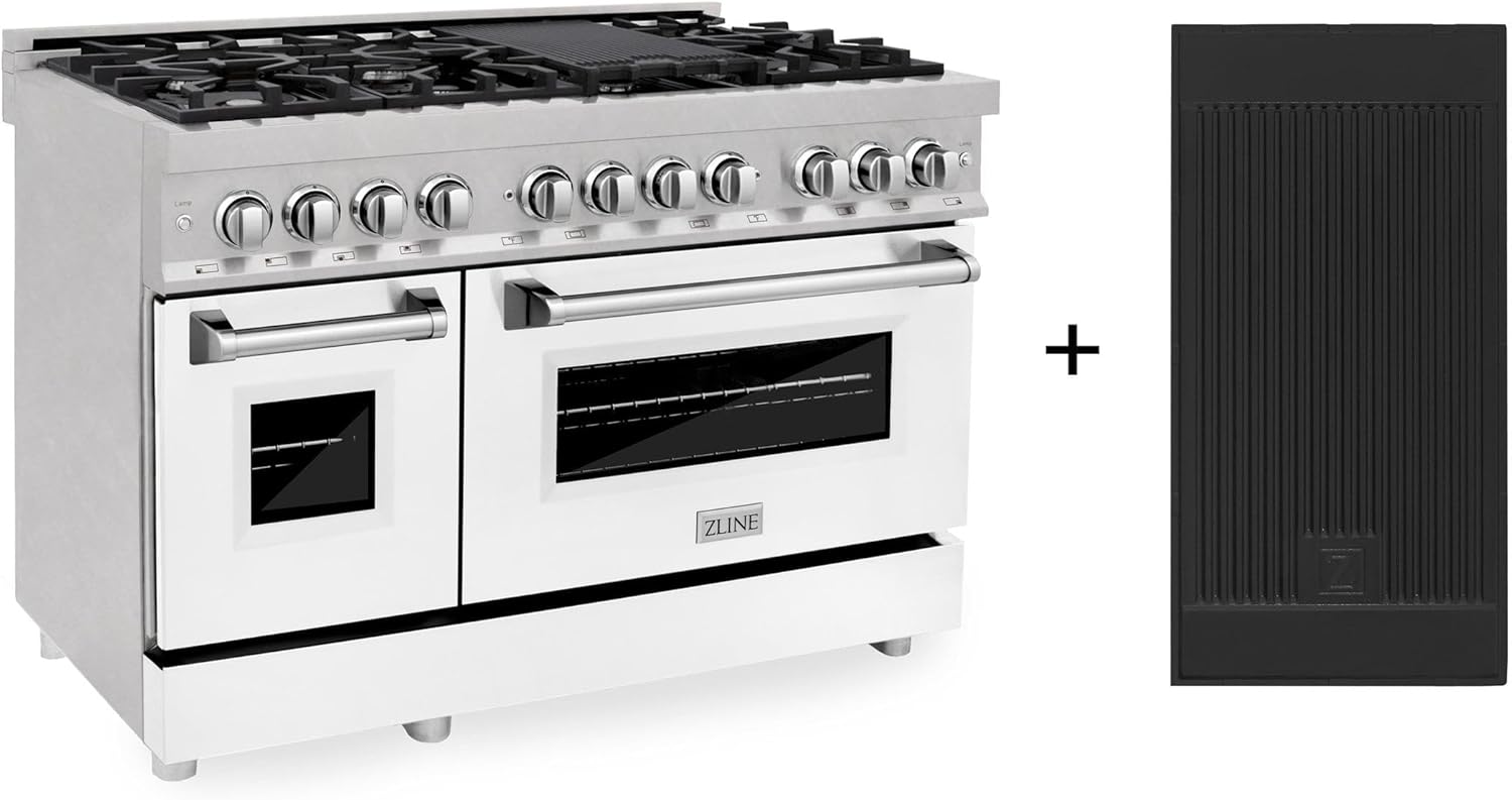 ZLINE 48 in. 6.0 cu. ft. Legacy Dual Fuel Range with 7 Burner Gas Cooktop and 2 Electric Ovens in Satin Stainless Steel with White Matte Doors and Griddle (RAS-WM-GR-48)