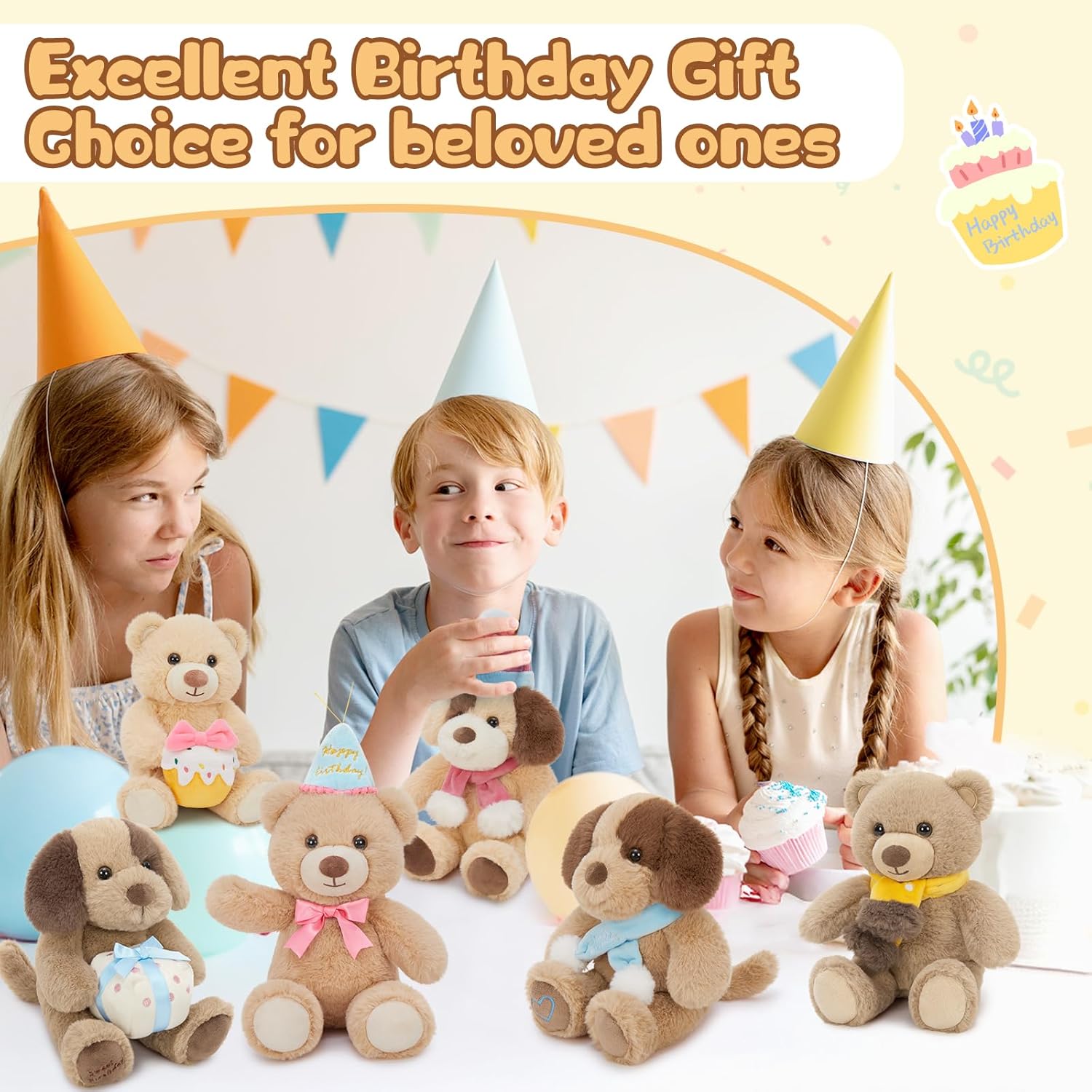 Tezituor 6 Pack Birthday Stuffed Animals, 10 Inch Bear and Dog Plush Toys with Party Hats, Soft Plush Favors, Gifts and Decorations for Kids Boys Girls
