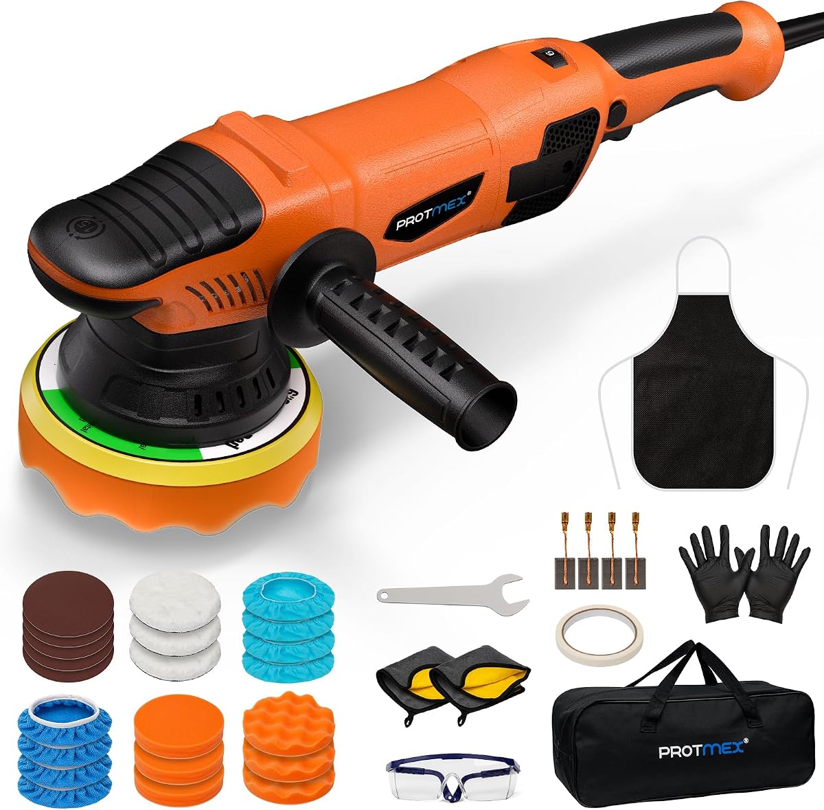1200W 6" Rotary Buffer, 2500-6000RPM, Detach Handle, Car/Boat Sand & Wax | Protmex Dual Action Car Buffer with 6 Variable Speeds, Constant Power & 3 Detachable Handle