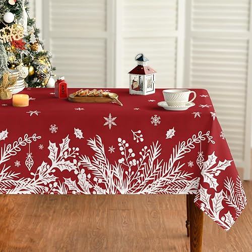 Horaldaily Mantel de Navidad de 60 x 104 pulgadas, color rojo con hojas florales, lavable, para decoración de fiestas, pícnic, cenas