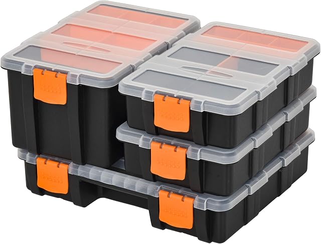 DURHAND Set Of 4 Plastic DIY Tool Storage Boxes w/ Inside Dividers Locking Lids Home Garage Organisation Stacking Arts Crafts Bolts Black Orange