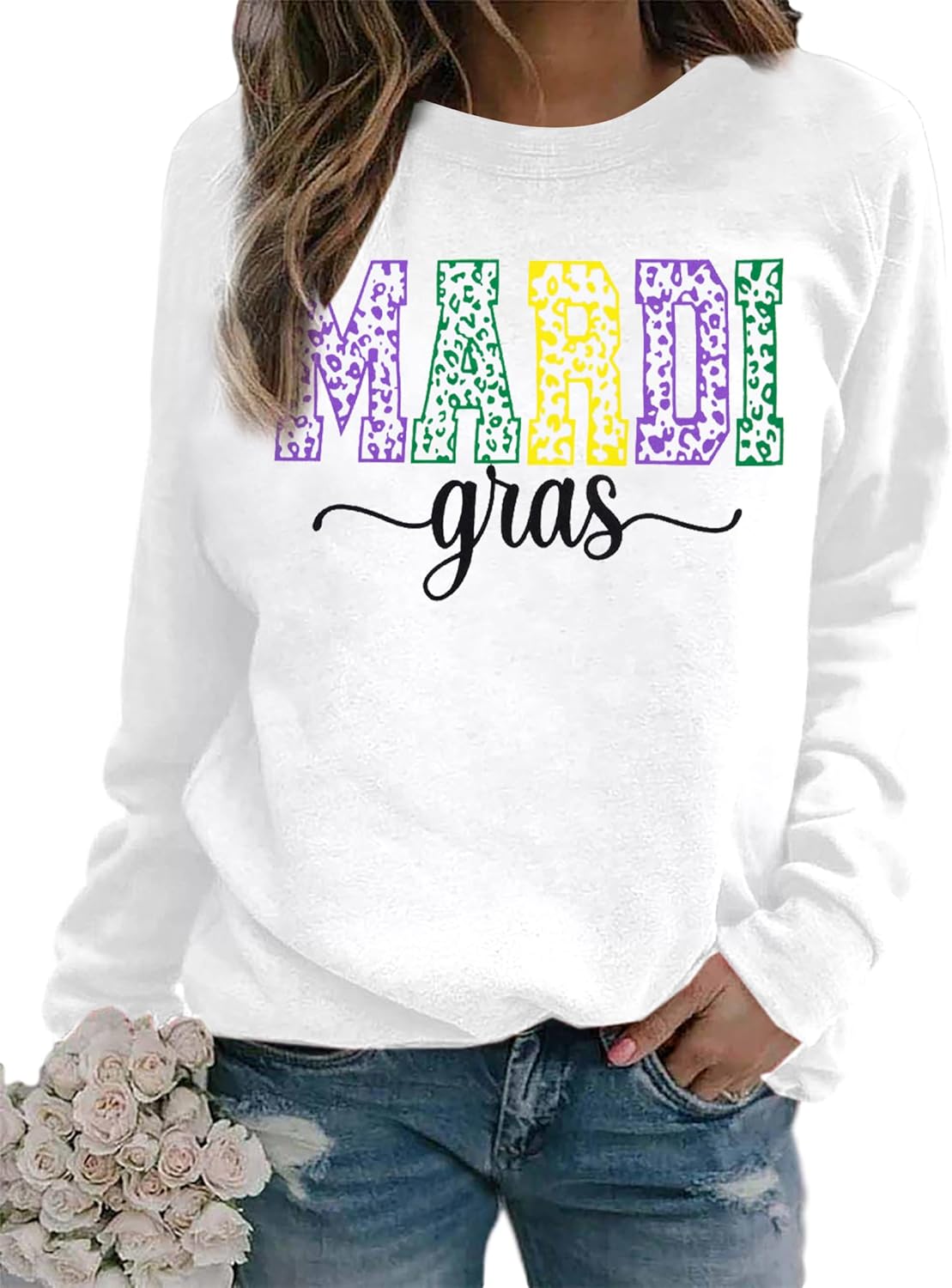 ASTANFY Mardi Gras Sweatshirt Women New Orleans Mardi Gras Party Shirts Funny Carnival Sweatshirt Mardi Gras Print Pullovers