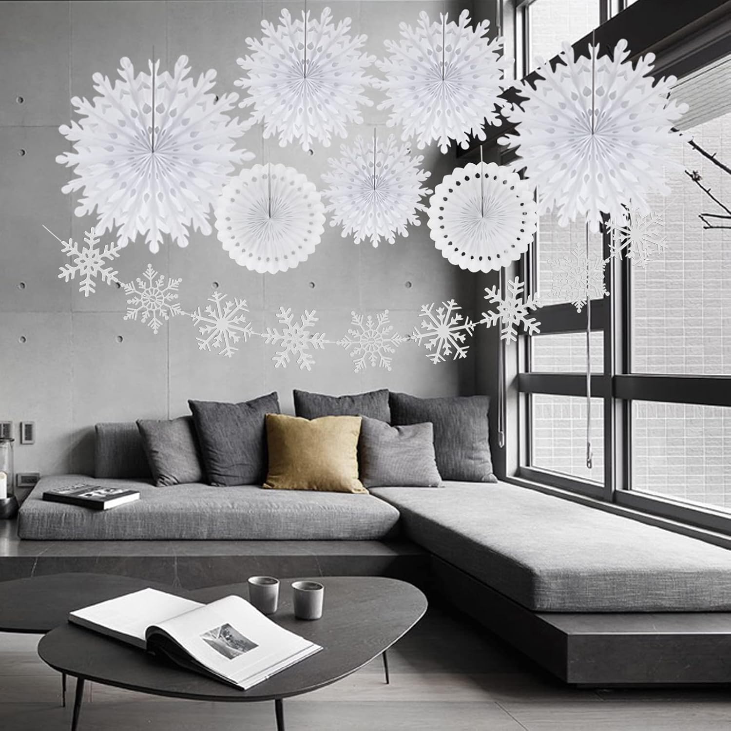 Snowflake-Snow White-Silver Christmas Party-Decoration Garland and Winter New Year Paper Fan Banner and Snow-White Party-Decorations Frozen Confetti