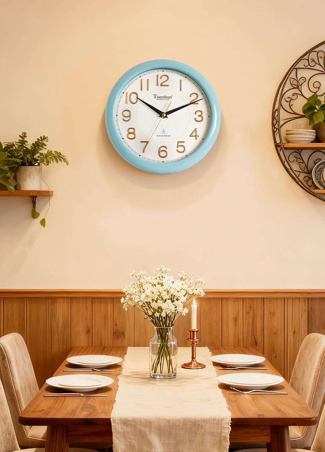 Wall Clock Silent Non-Ticking Battery Operated Small 10 Inch 3D Gold Numbers Easy to Read Hang or Stand for Bathroom Kitchen Bedroom Desk (Mint Blue)