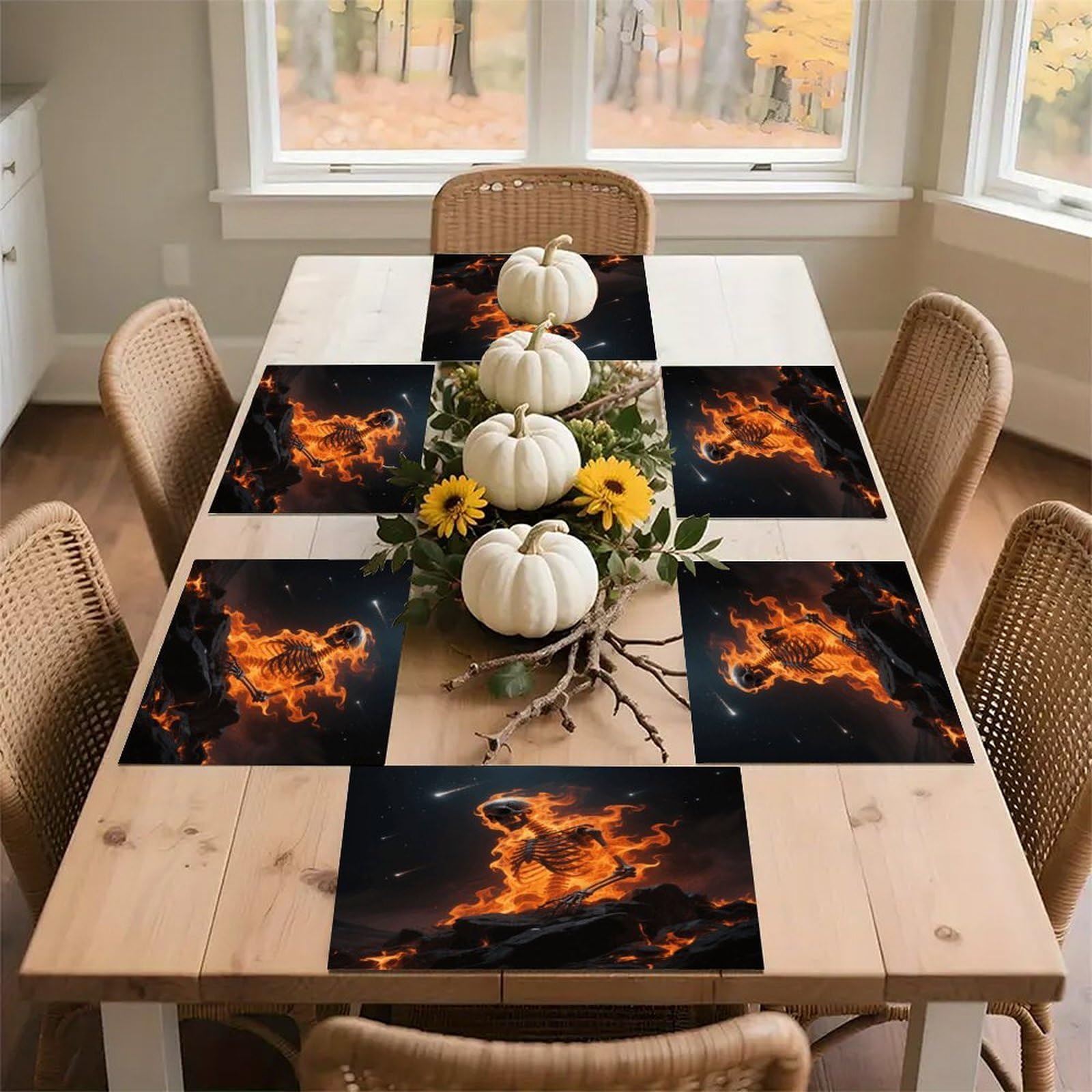 Skulls Burning Fire Placemats Heat Resistant Non-Slip Place Mats Washable Wipeable Table Mat Kitchen Dining Table Decoration Placemats Indoor Outdoor Place Mats 17.7’’×11.8’’