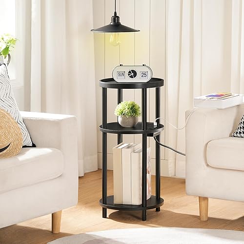 Miniatura 5 de HOOBRO Mesa auxiliar redonda pequeña con estación de carga, mesa auxiliar redonda de bambú de 3 niveles, mesa de noche compacta para espacio