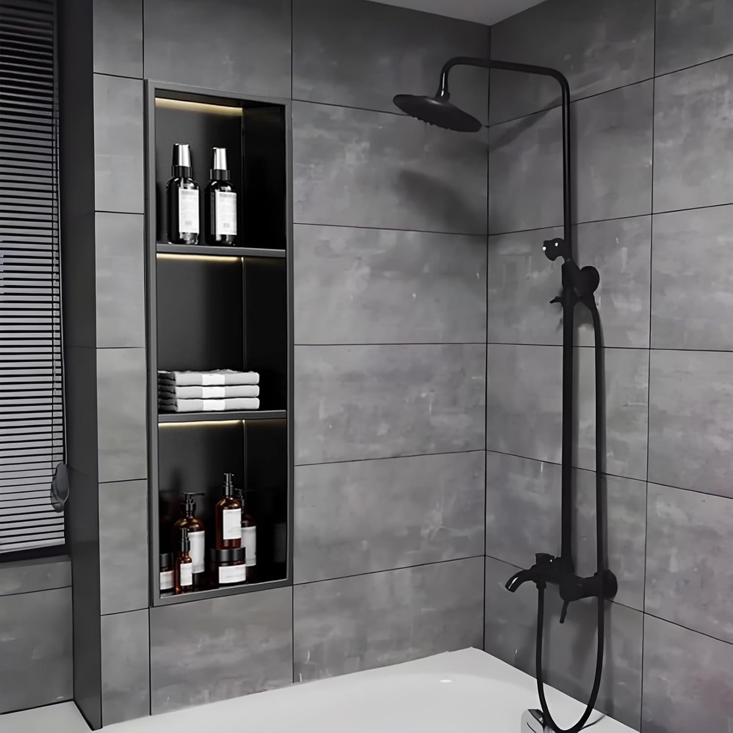 Waterproof Niche Wall-Mounted Bathroom Shelf, recessed Niche Storage Rack,Matte Black Stainless Steel Shower Niche with LED Light - Recessed Design, No Tile Required, Perfect for Bathroom Ov