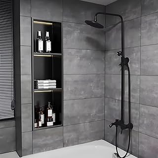 Duschablage aus mattschwarzem Edelstahl mit LED-Beleuchtung – Einbauversion, Keine Fliesen erforderlich, ideal für die Aufsatzmontage im Badezimmer, stilvo,Black-90x28cm