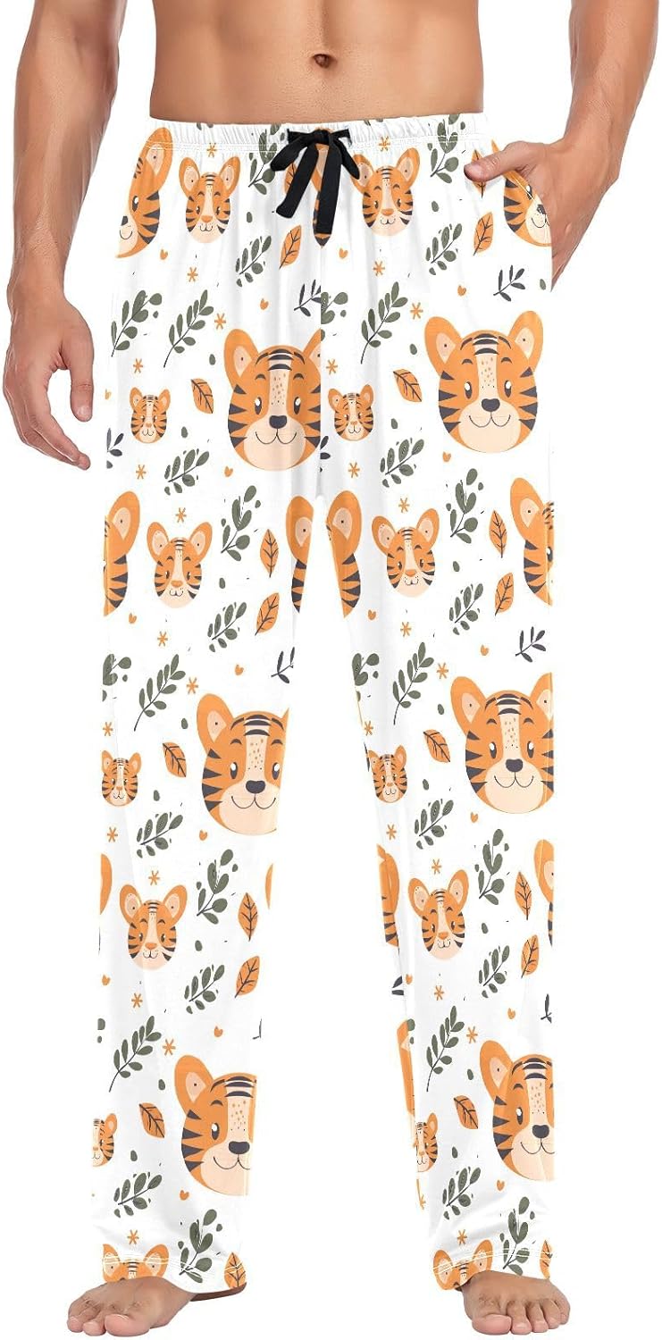 ALAZA Cute Tiger Leaves Cartoon Men's Pajama Pants Men Cotton Pajama Bottoms with Pockets, S