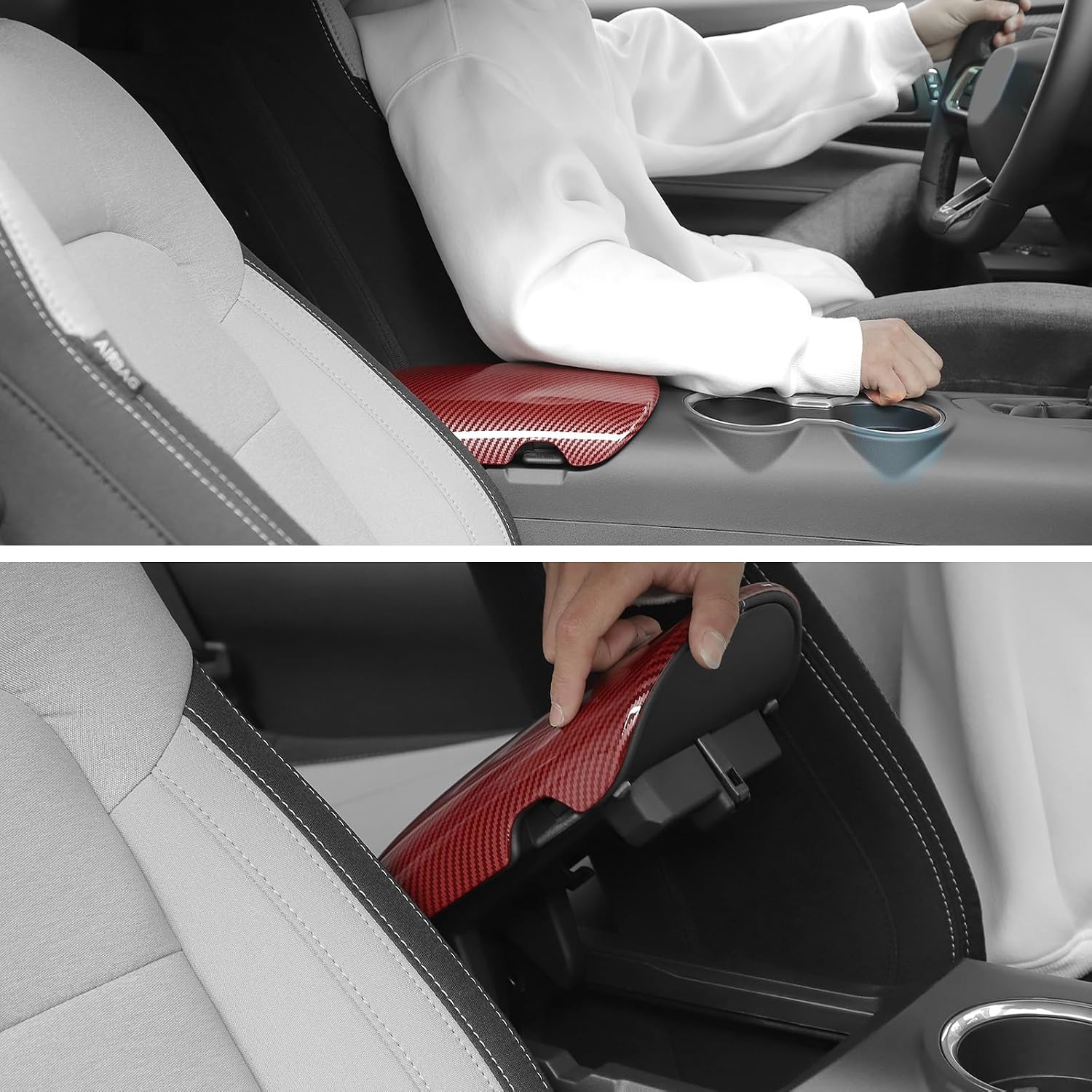for Mustang Center Console Armrest Cover Trim Fit for Ford Mustang 2015+ Red Carbon Fiber Interior Accessories 1pc