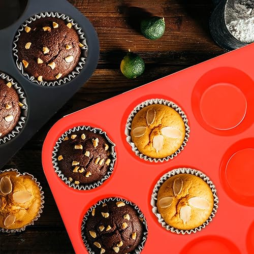 Miniatura 4 de Juego de moldes de silicona para muffins, 2 piezas de 2.8 pulgadas, 12 tazas, molde para mordedura de huevo, antiadherente, fácil liberación, para
