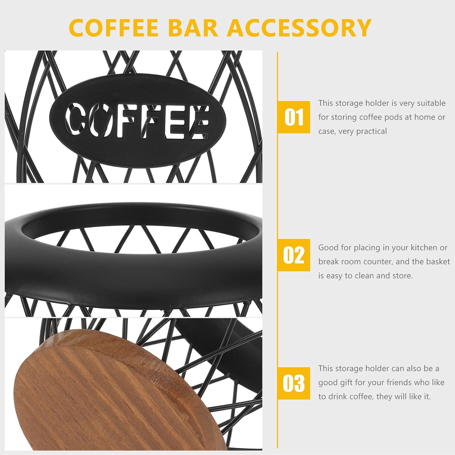 Coffee Pod Holder Wire Basket with Wood Base Black Counter Organizer