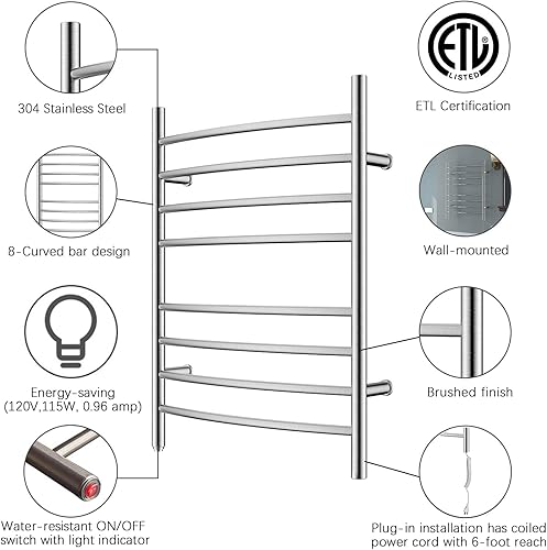 Miniatura 21 de HEATGENE Calentador de toallas de 8 bares, calentador de toallas de baño curvo, calentador de toallas para baño, estante de secado enchufable