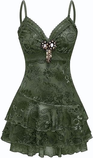 Verdusa Women's Y2k Outfits Gothic Dresses Vintage Boho Beaded Ruffle Lace Paisley Print Tiered Mini Summer Dress