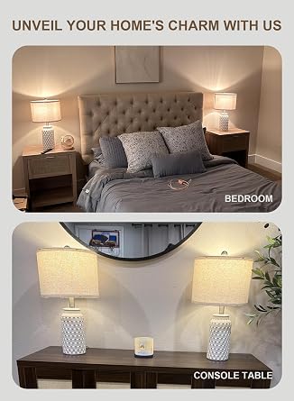 USumkky 20.5 White Modern Ceramic Bedside Lamps Set of 2, Small Table Lamp for Bedroom Decor Farmhouse Nightstand Lamp for Living Room Office