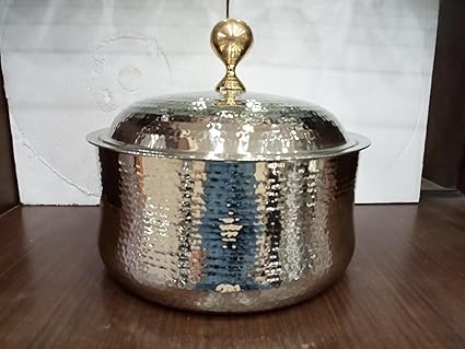 KROWN 5000ml Double Wall Stainless Steel Curve Hammer Shape Casserole with Brass Knob, Insulated Thermal Serving Bowl, Self Locking Press Brass Nobe, Hot Food Upto 8 Hour (Silver)
