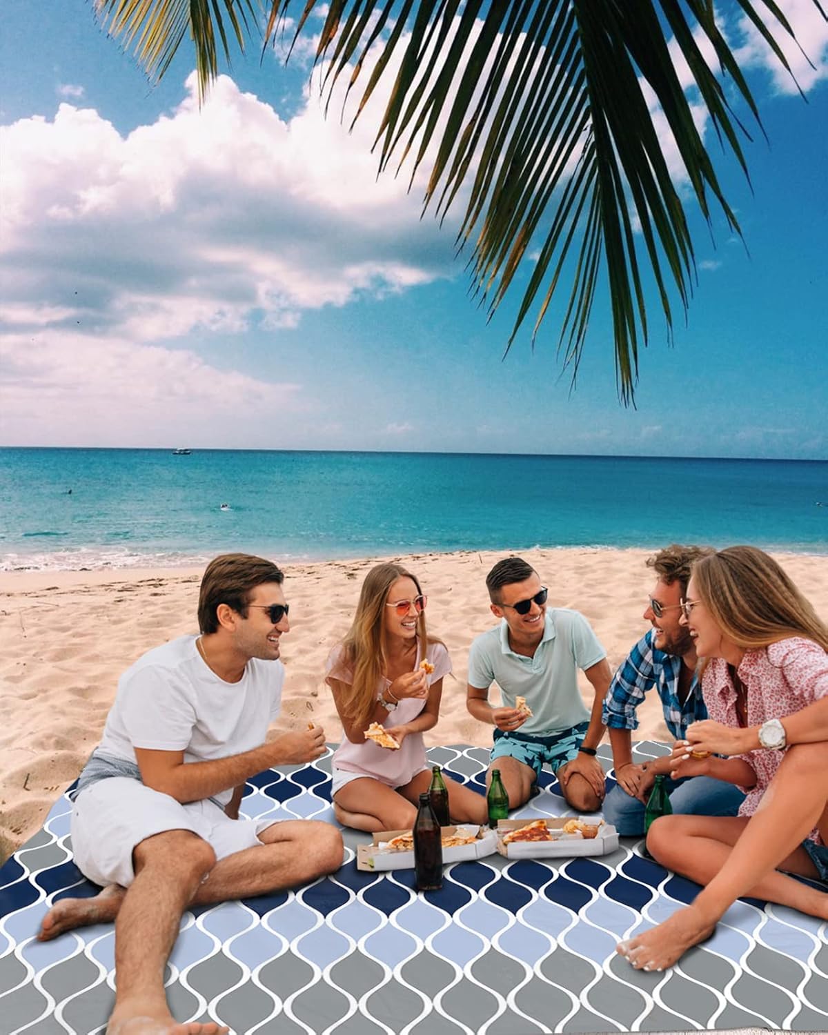 Geometric Ombre Curve Line Beach Blanket Waterproof Sandproof Outdoor Picnic Mat 108"x84" Navy Blue Grey Lightweight Large Beaach Blankets with 4 Stake & 4 Corner Pockets