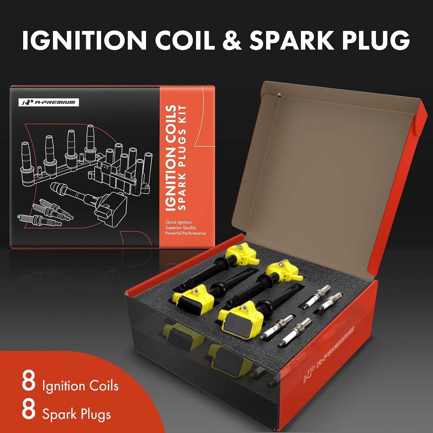 A-Premium Ignition Coil Pack and Iridium Spark Plugs Compatible with LAND ROVER Range Rover 2010-2012, LR4 2010-2013 & JAGUAR XF 2010-2012, XJ 2010-2012, XK, XFR, XKR, XKR-S, Yellow Set of 8