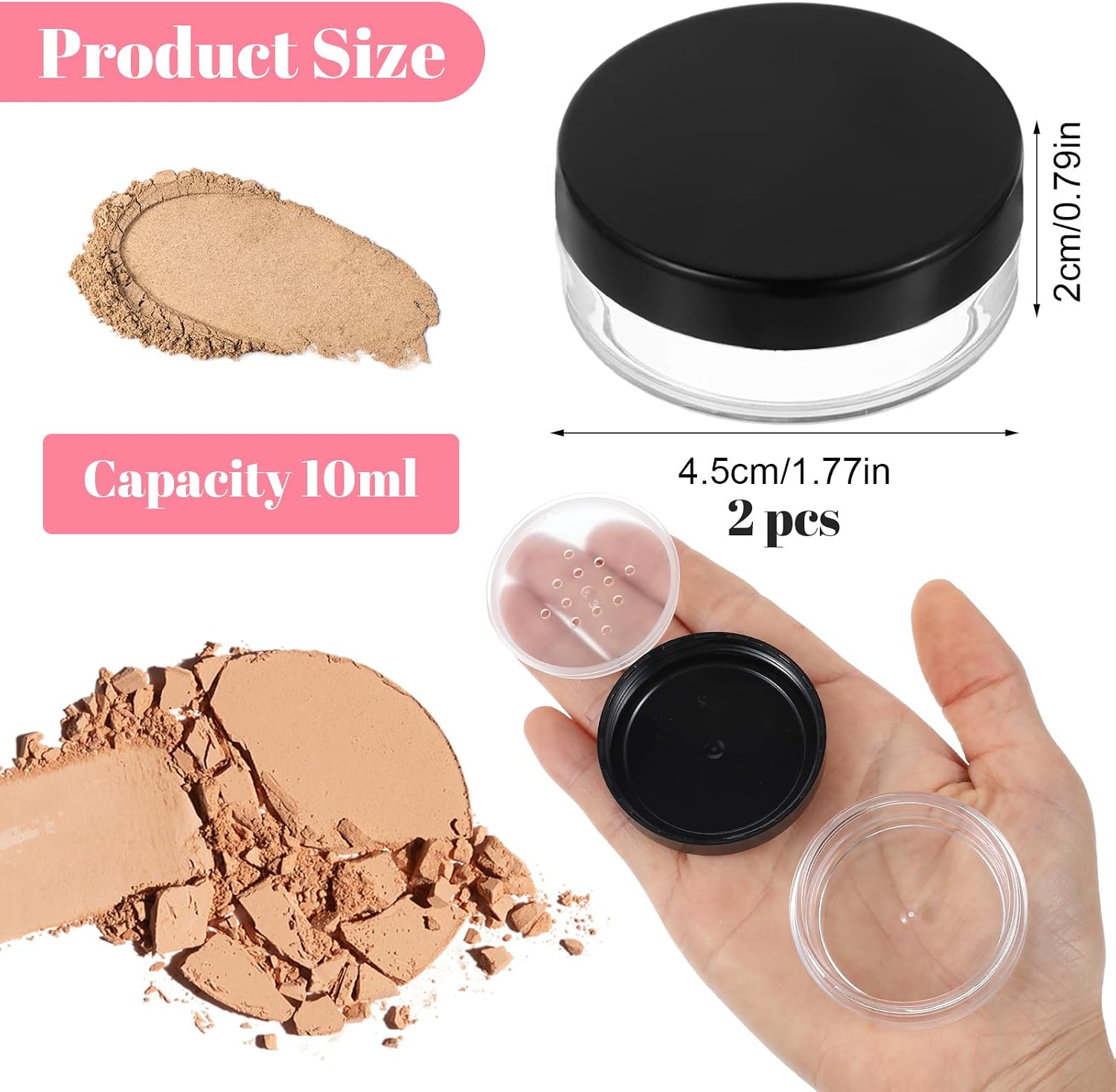 2 Pcs Powder Containers Empty Travel Loose Powder Containers with Rotatable Sifter and Leakproof Screw Lid Black Plastic Refillable Small Loose Powders Compact Case Makeup Cosmetic