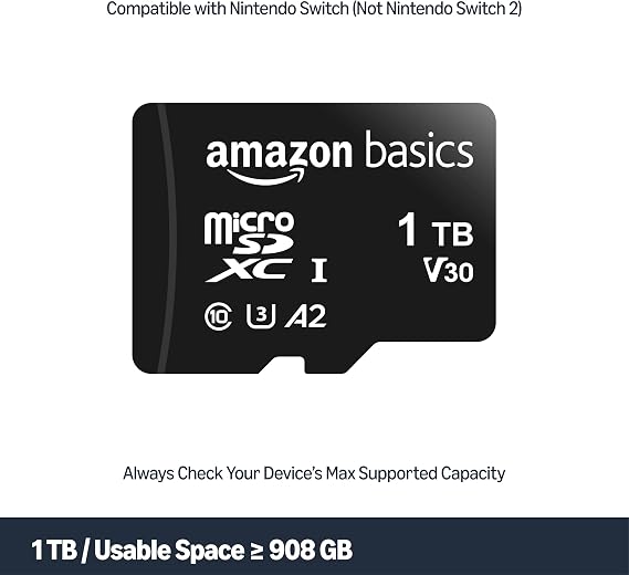 Amazon Basics microSDXC Memory Card with Full Size Adapter, A2, U3, Read Speed up to 100 MB/s, 1 Tb, Black