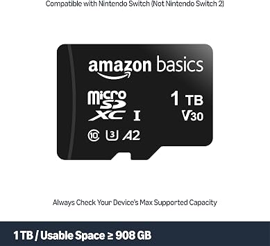 Amazon Basics microSDXC Memory Card with Full Size Adapter, A2, U3, Read Speed up to 100 MB/s, 1 Tb, Black