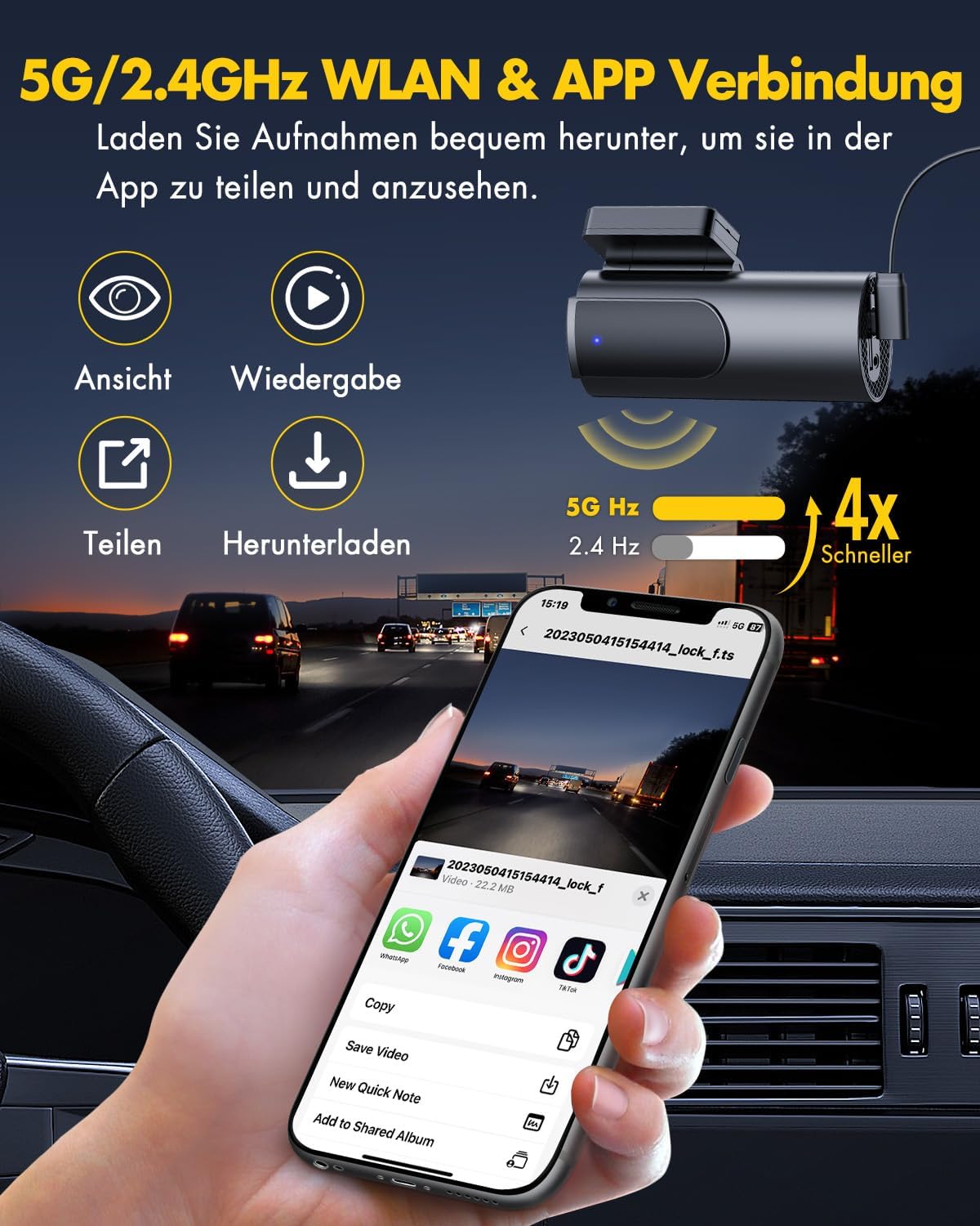 GKU Dashcam app interface on a smartphone