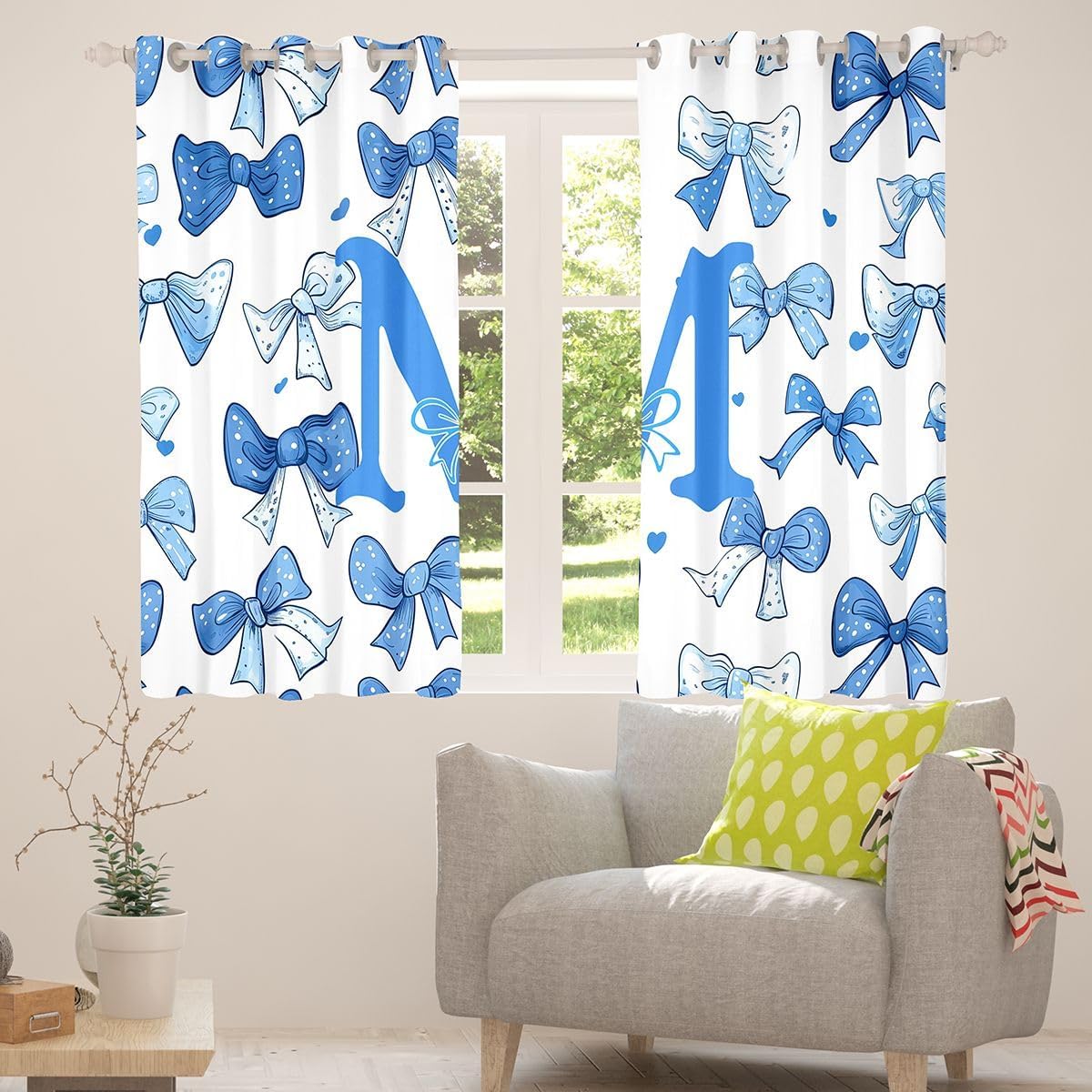 Feelyou Cute Blue Bow Curtains for Bedroom Living Room Personalized Initial M Blackout Shades Ribbon Bow Knot Room Darkening Curtain Princess Bowknot Window Treatments, 2 Panels 38 x 45 Inch Decor image 4