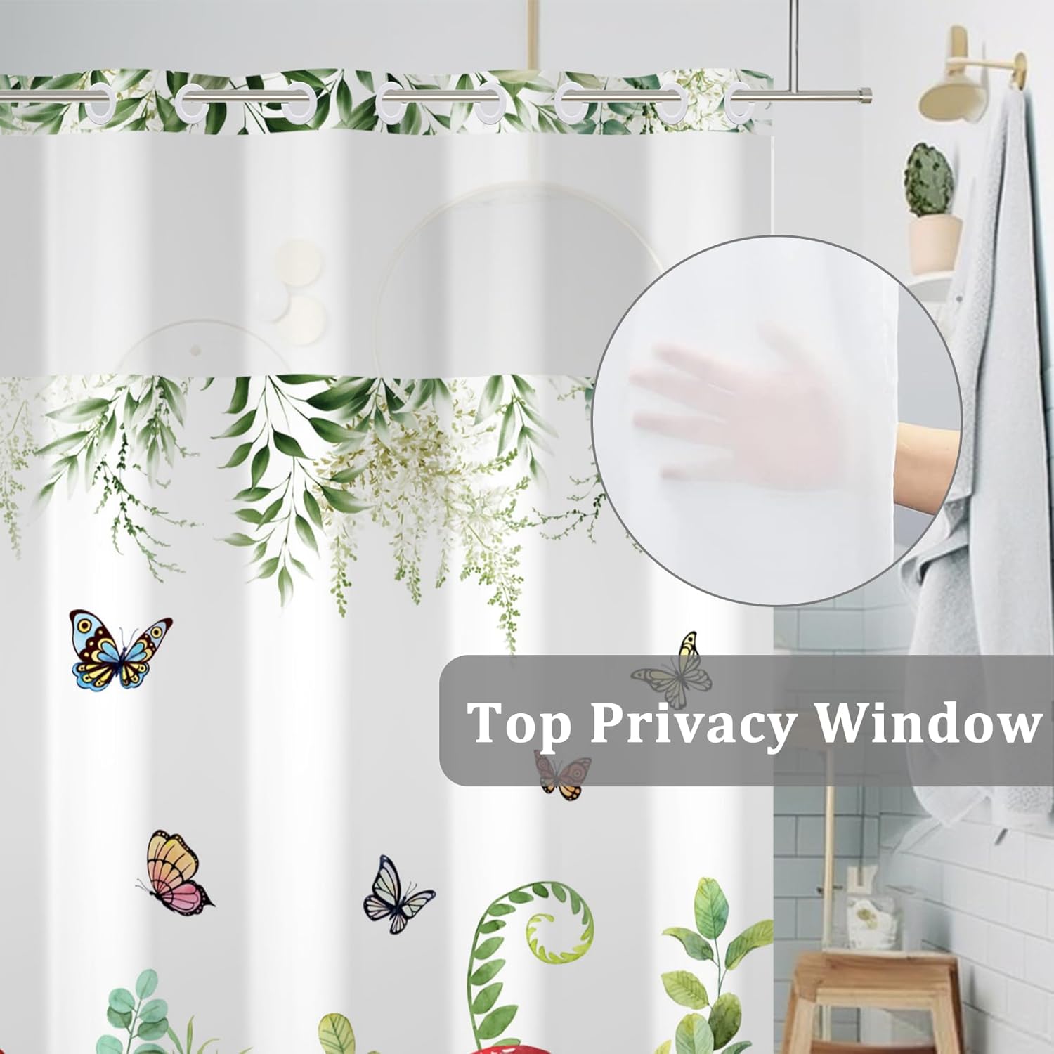 Baocicco No Hook Green Floral Shower Curtain with Snap in Fabric Liner Set Butterfly Mushroom Decorative Hotel Shower Curtain and Liner Set Double Layers with See Through Mesh Top Window 71x74 Inch