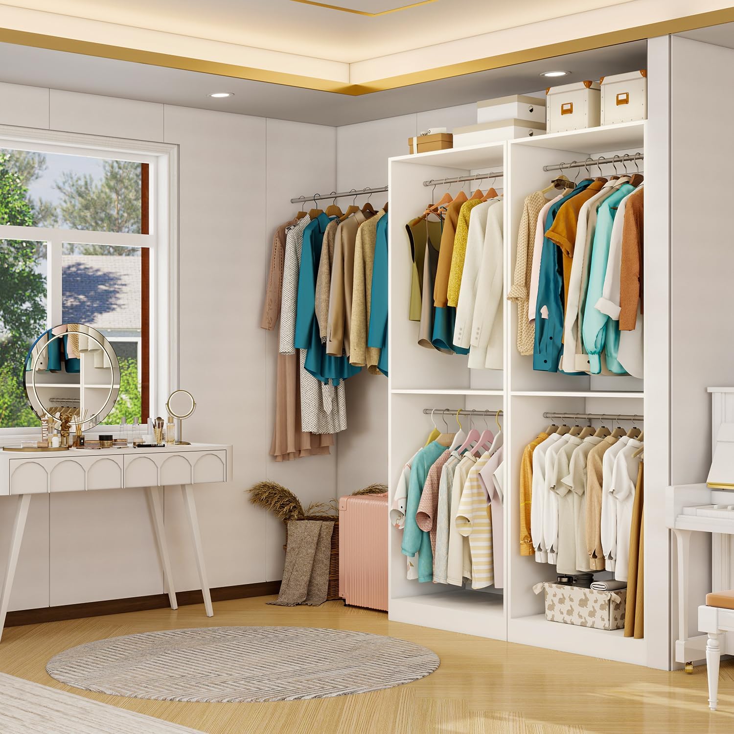 Closet System with 12 Hanging Rods& Shelf , 8FT Small Closet Organizer System Wood with Extra Side Hanging Rod for Walk in Closet Storage, Modular Closet Systems, White(8FT)