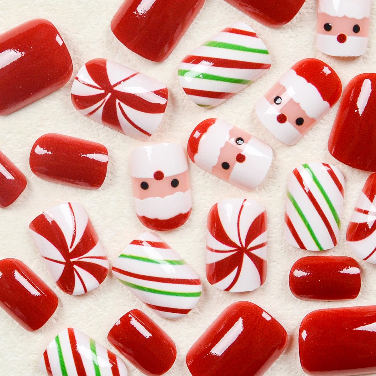 Santa Claus Press on Nails Short Square Fake Nails Christmas Nails Press ons with Candy Cane Design,Reusable Artificial Nail Full Cover Stick on Nail for Women Manicure 24Pcs image 2