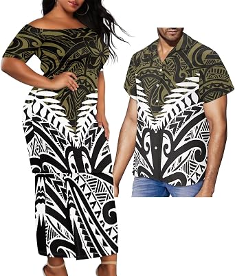 Polynesian Couple Set Tirbal Tattoo Tapa Hawaii Shirt Puletasi Samoa Dresses for Women Matching Outfits Couples
