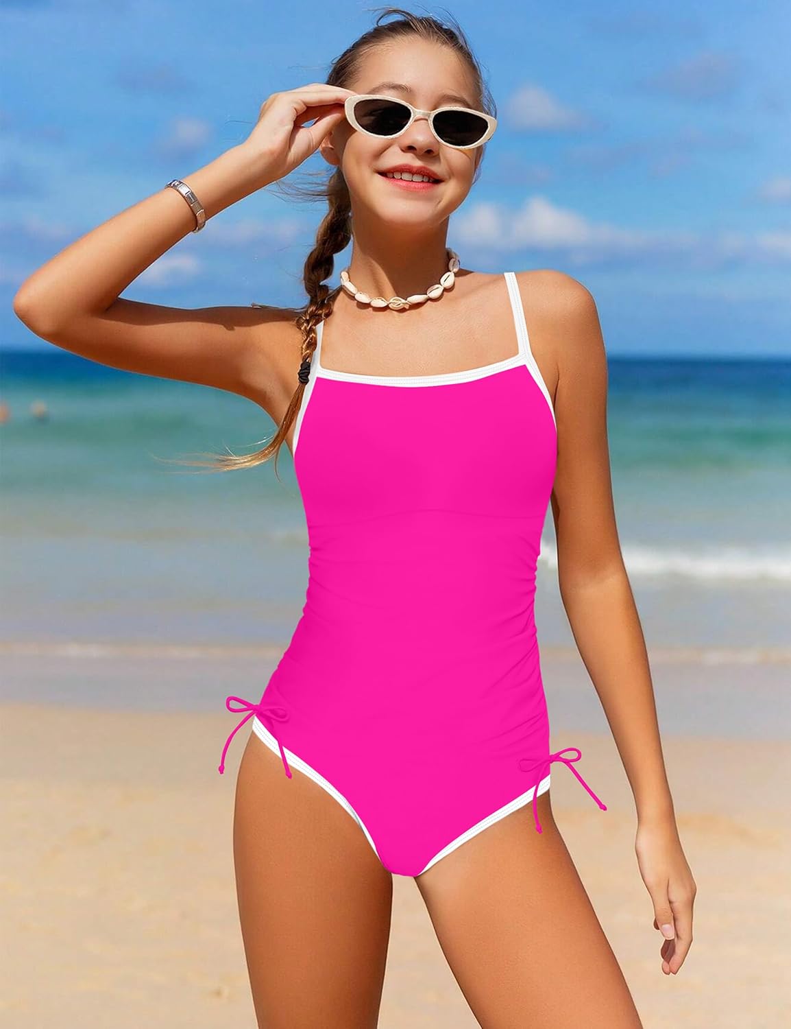 Girls Swimsuit One Piece Bathing Suit Color Block Strap Swimwear Drawstring Swimsuits for Teens 9-16Y with Padded - Image 3