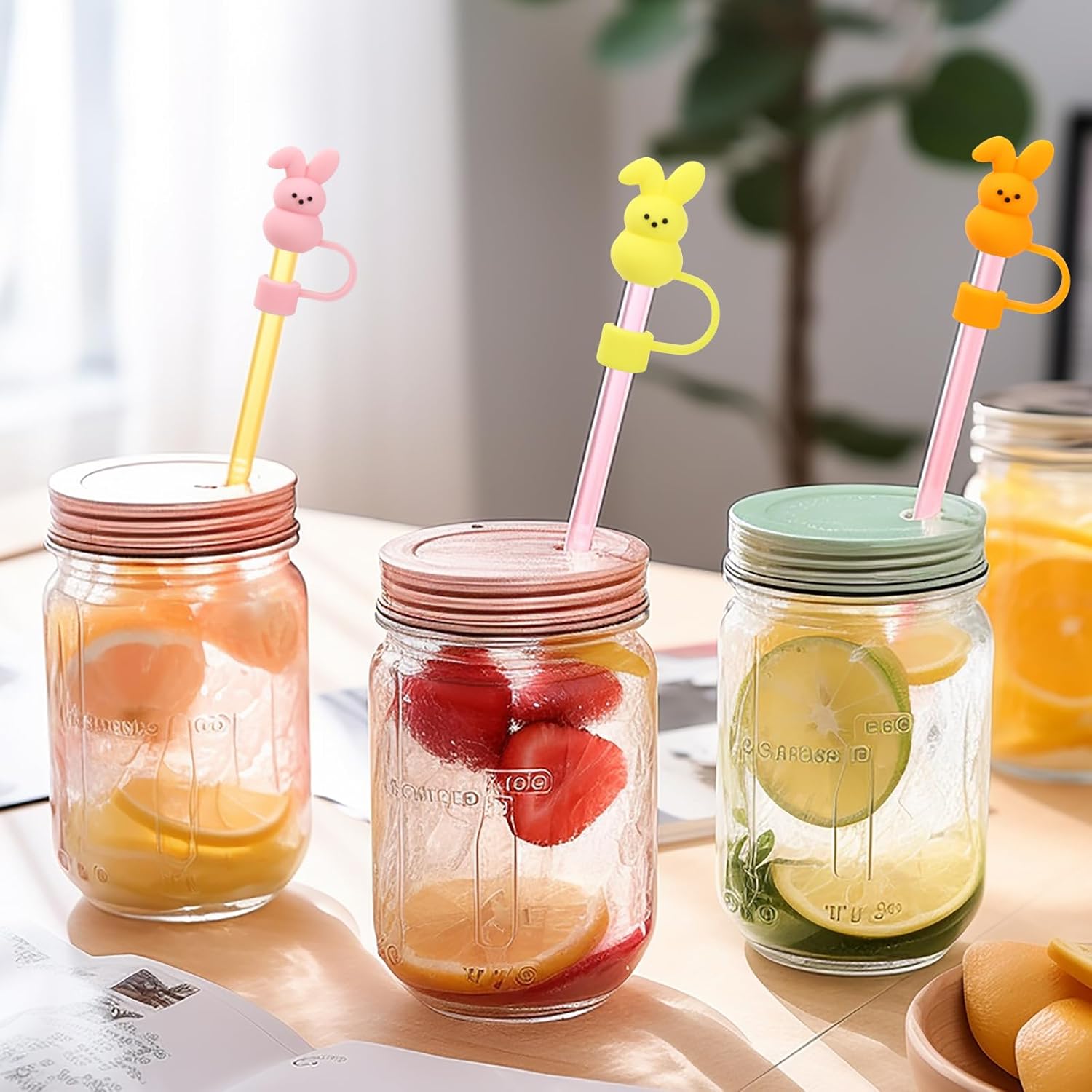 Whaline 6Pcs Easter Straw Cover Cap Spring Pastel Bunny Reusable Silicone Straw Topper Cute Animal Colorful Rabbit 10Mm/0.4Inch Straws Tip Lid Protector for 30/40Oz Tumbler Cup Accessories - Image 5