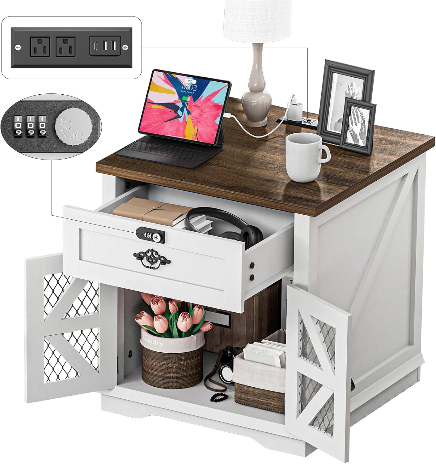 Store Lock Table Amazon.com: White Farmhouse End Table with Charging Station, 24