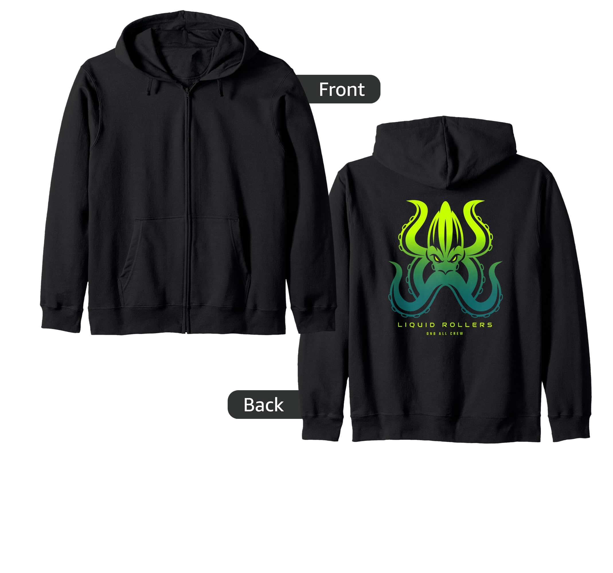 Liquid Drum And Bass DnB Octopus Drum N Bass Zip Hoodie, Black - Image 3
