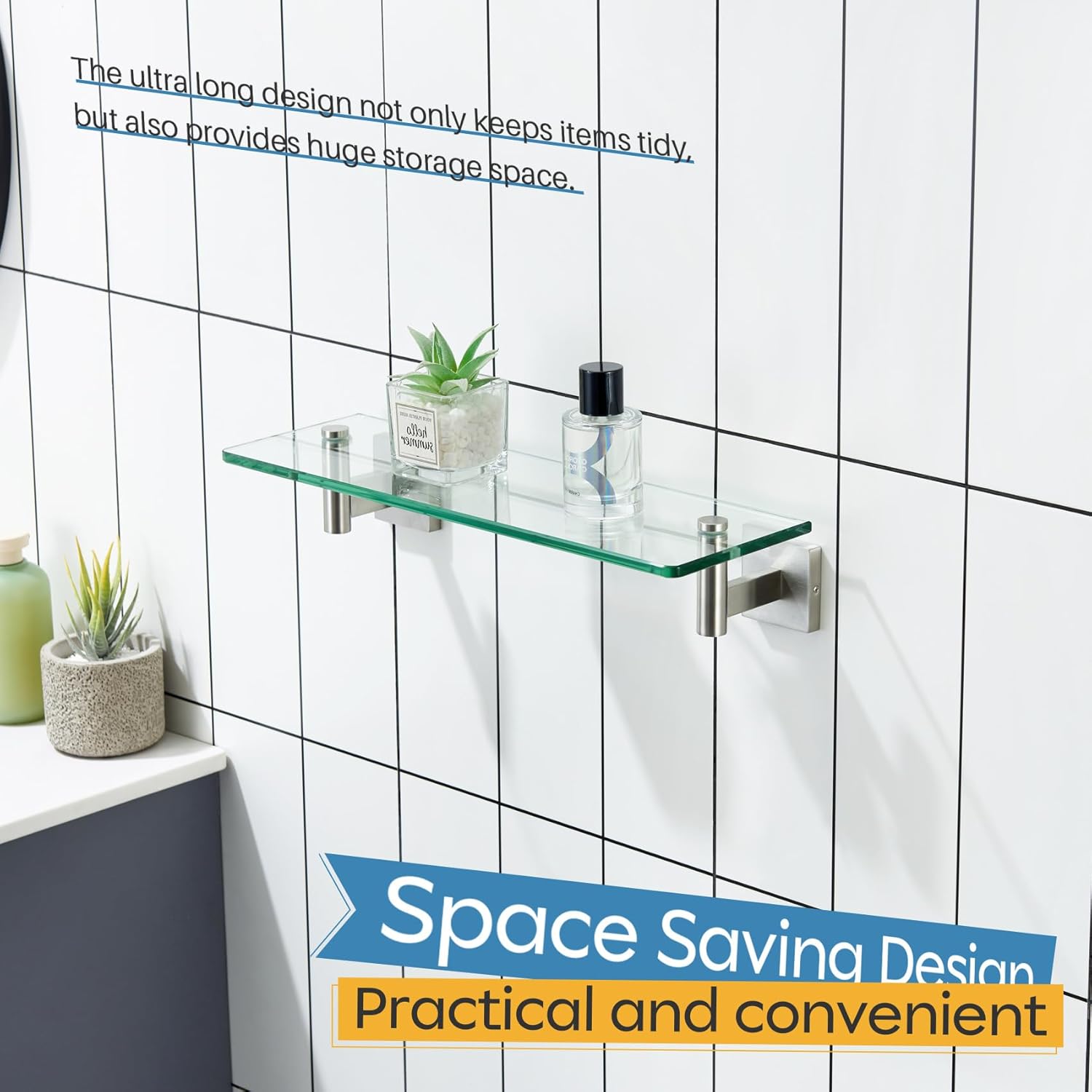 KOKOSIRI Floating Shelf Bathroom Wall Mount Shelves 16-Inch for Bedroom, Living Room, Kitchen, Small Hanging Rack Brushed Stainless Steel B1105BR-L16