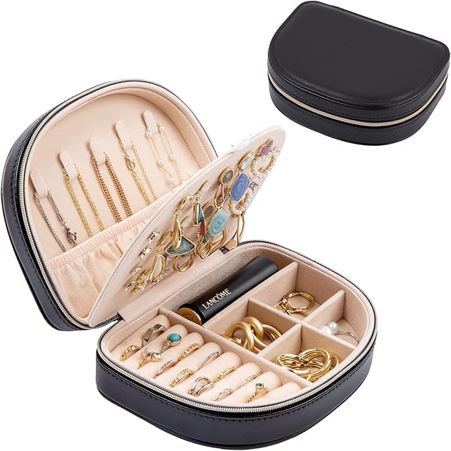 Procase Travel Jewellery Box Small Organiser for Women Girls, Portable 2 Layer Mini Jewelry Storage Case in PU Leather for Earring Necklace Bracelet Ring Holder Box, Gifts for Women -Black