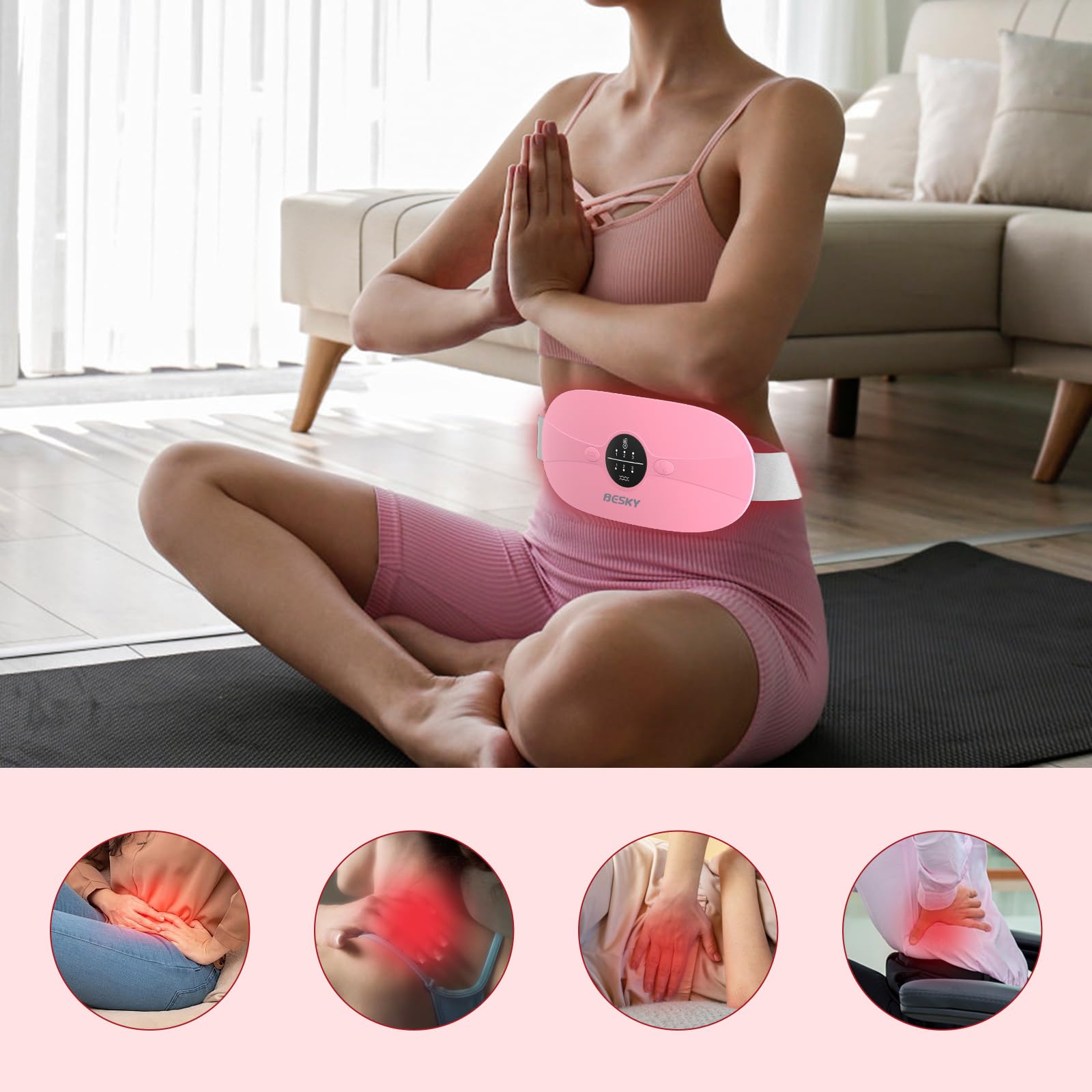 Besky Almohadilla térmica para calambres menstruales, almohadilla térmica menstrual inalámbrica, almohadillas térmicas con 3 niveles de calor y 3 modos de masaje, para aliviar el dolor de espalda o
