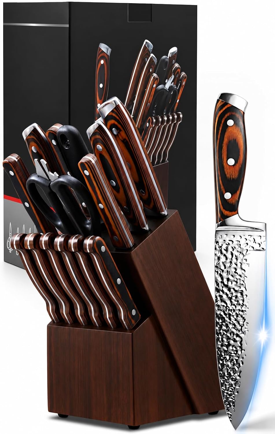 Methway Knife Set, 15-Piece Kitchen Knife Set with Block, High Carbon Stainless Steel Japanese Knife Set, Sharp Hammered Finish, Full Tang, Ergonomic Wood Grain Handle, Brown