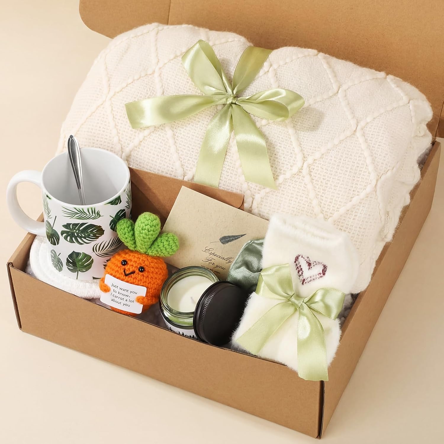 Haull Care Package Gift Box for Friends Women Cozy Emotional Gift Set with Blanket Mug Heart Spoon Candle Socks Crochet Doll Self Care Basket Thinking of You Inspirational Birthday Favors