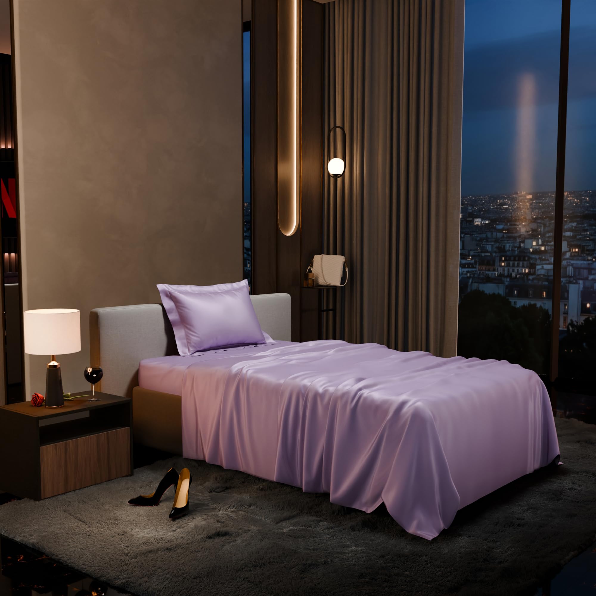 Stoa Paris Single Bedsheet with 1 Pillow Cover, 300TC Satin Premium Bedding Set, Home Decor, Wedding Gift for Couples, Housewarming, Anniversary, Date Night - Lilac