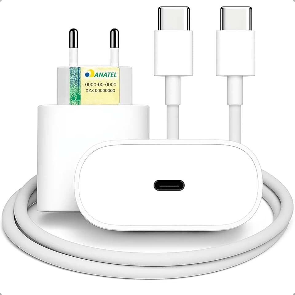 Carregador Turbo Tipo C 20W Compatível com iPhone 15, 15 pro, 15 Pro Max, iPhone 16, 16 pro, 16 pro Max, Samsung Galaxy, IOS/Android Turbo + Cabo USB-C Ultra Rápido de 1M Premium